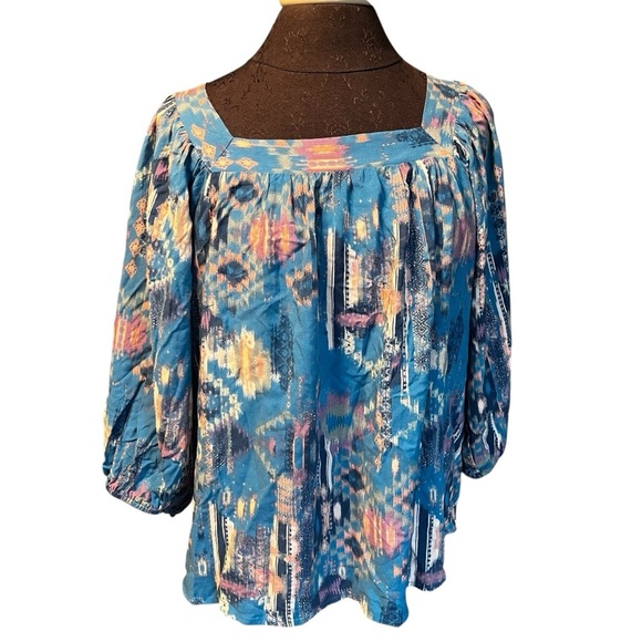 Savannah Jane Southwest Print Smock Top Tie Back Size Large - Picture 1 of 7